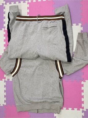 VTG Sean John Heather Gray Zip-Front Jogging Set with Blue, BrownTrim